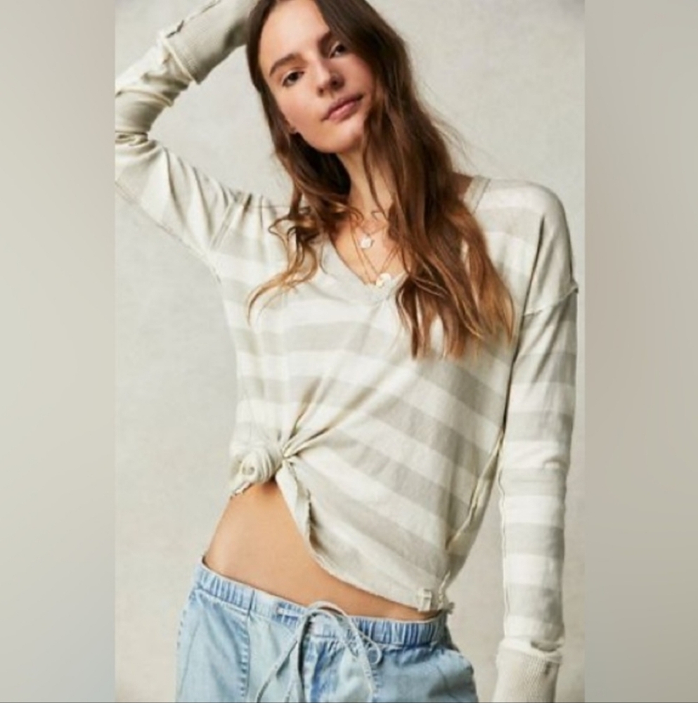We The Free Sail Away Striped Long Waffle Knit Sleeve Top XS Beige White Neutral - Picture 3 of 16